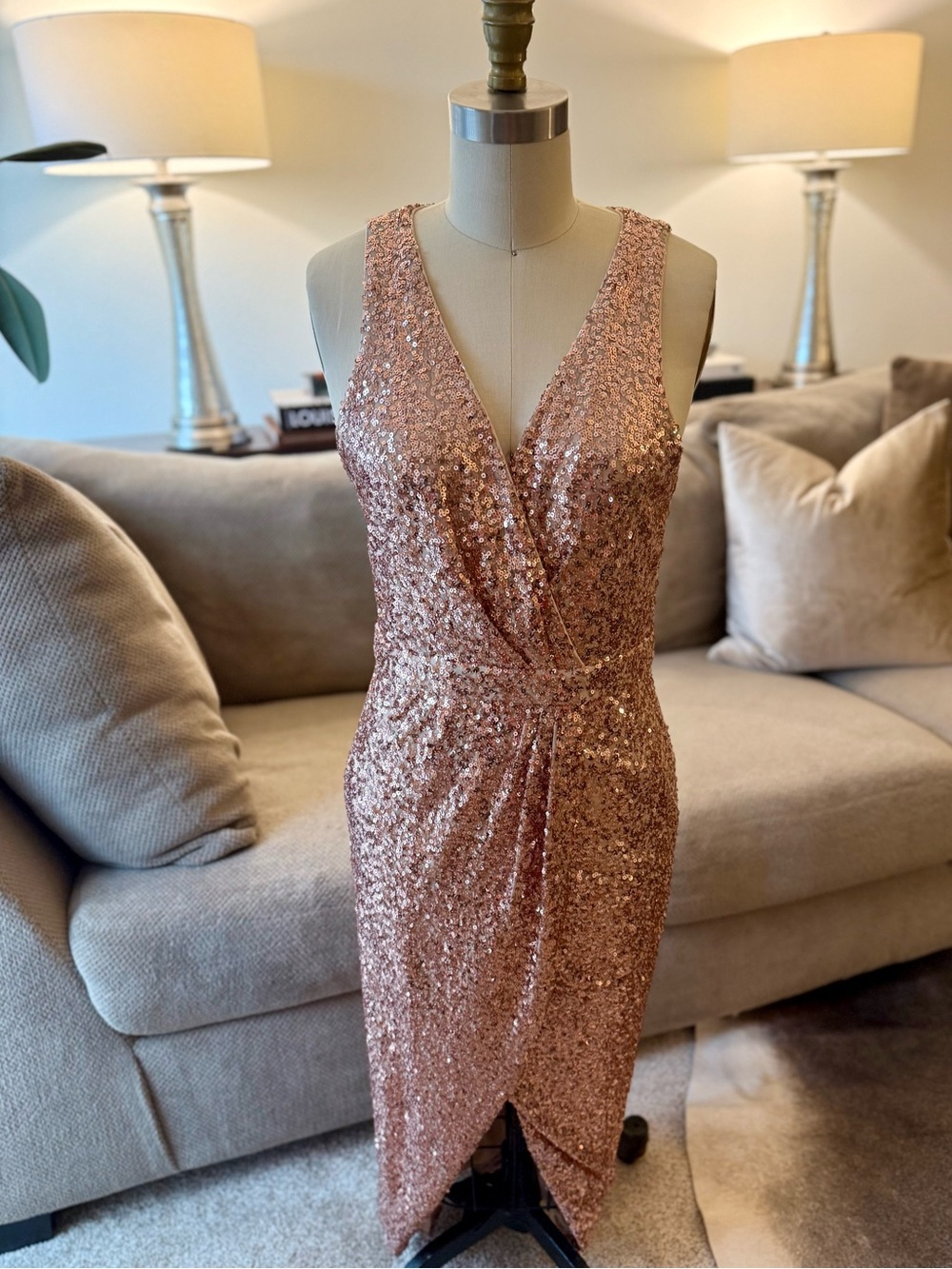 Sequined Rose Gold V-Neck Wrap Effect Midi Dress